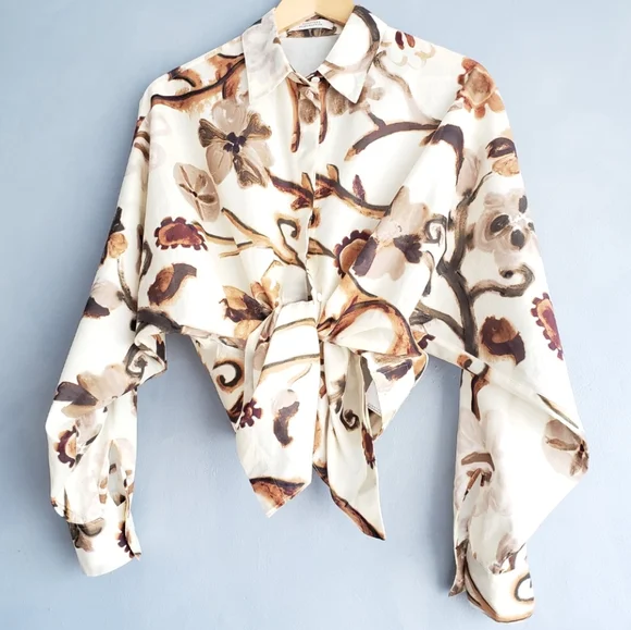 DOROTHEE SCHUMACHER ABSTRACT FLORAL NEUTRAL HIGH, LOW BLOUSE SIZE S/M - Picture 5 of 16